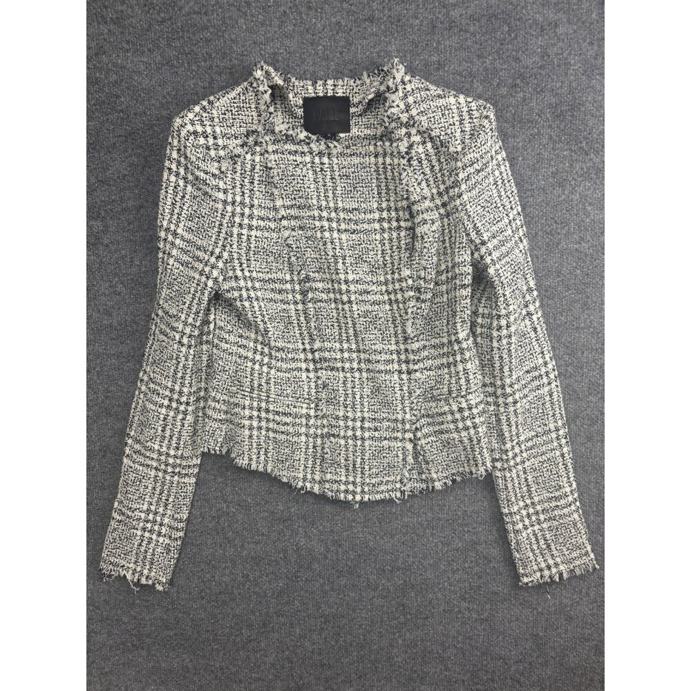 Paige Jacket Womens Small White Plaid Tweed Fringe Collarless Lined Cropped